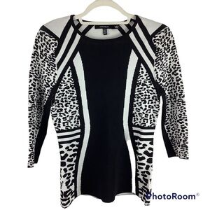 Karen Millen Black and White Leopard Print Stripe Knit Fitted Top Size Medium